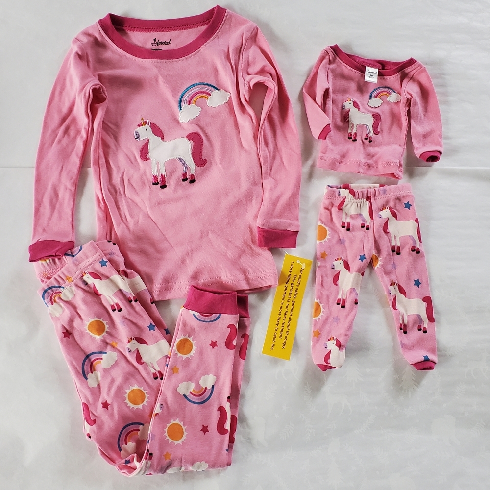 💕🦄🌈NWT Leveret toddler pajamas and doll set 2T pink unicorn rainbow